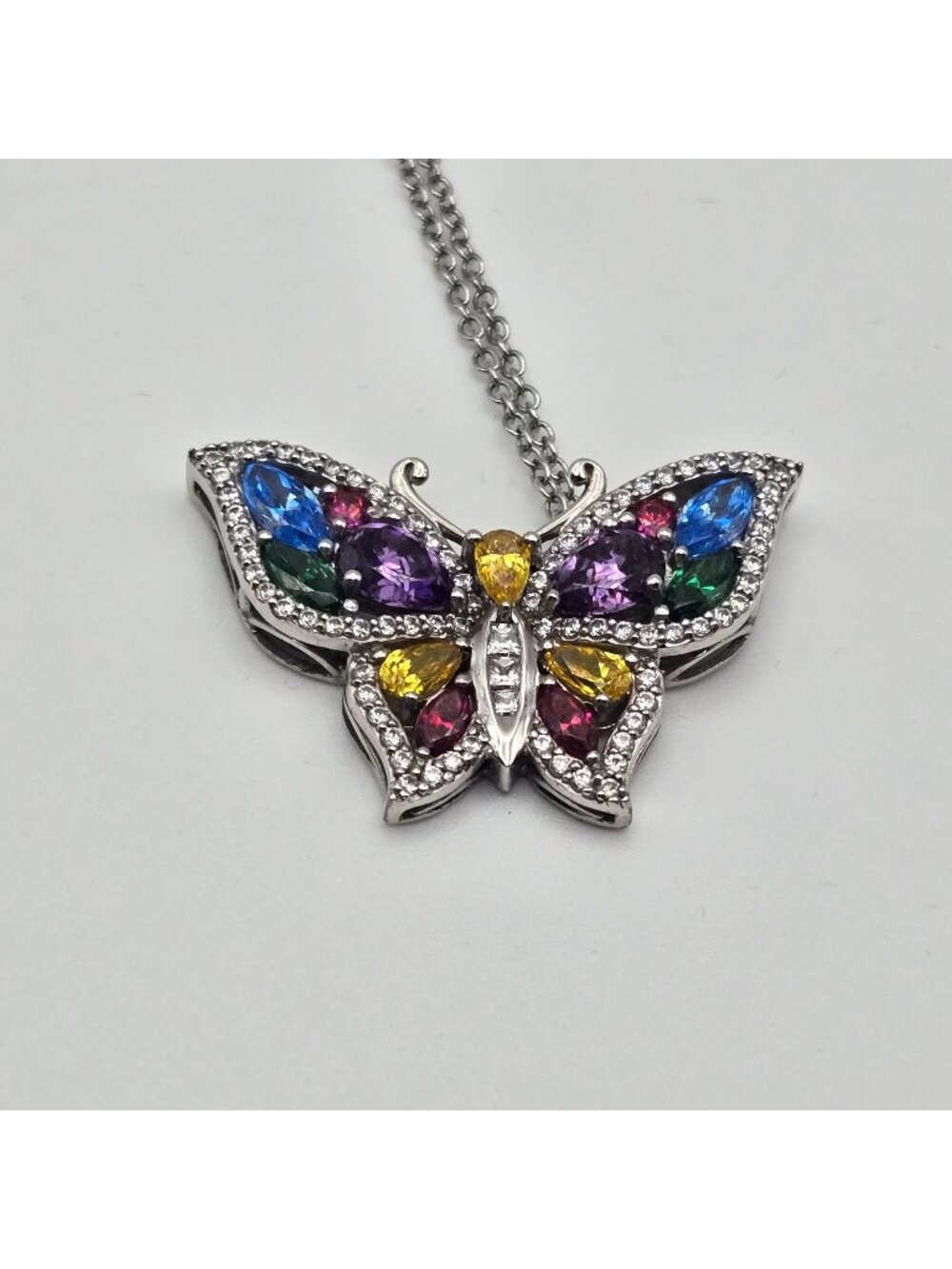 925 Sterling Silver Multicolor Gemstone Butterfly Pendant Necklace